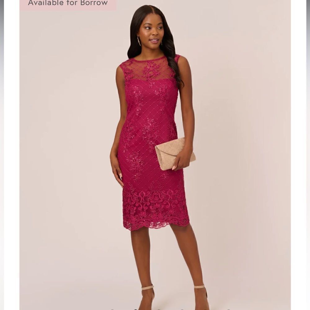 Adrianna Papell Sequin Embroidered Sheath Dress With Sheer Neckline, Pink, 4 NWT - Picture 2 of 14